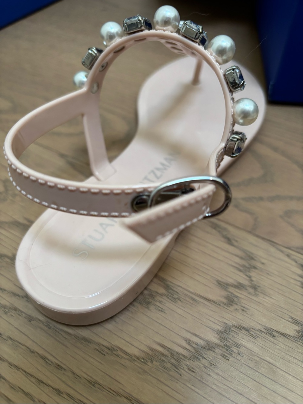 Stuart Weitzman Blush Pearl & Crystal T-Strap Jelly Sandals - Picture 5 of 7